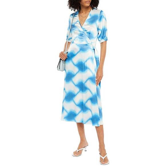 Cecilie Copenhagen BELLE DRESS WAVE BLUE WOMENS SATIN WRAP TIES LARGE 8 - Picture 1 of 8
